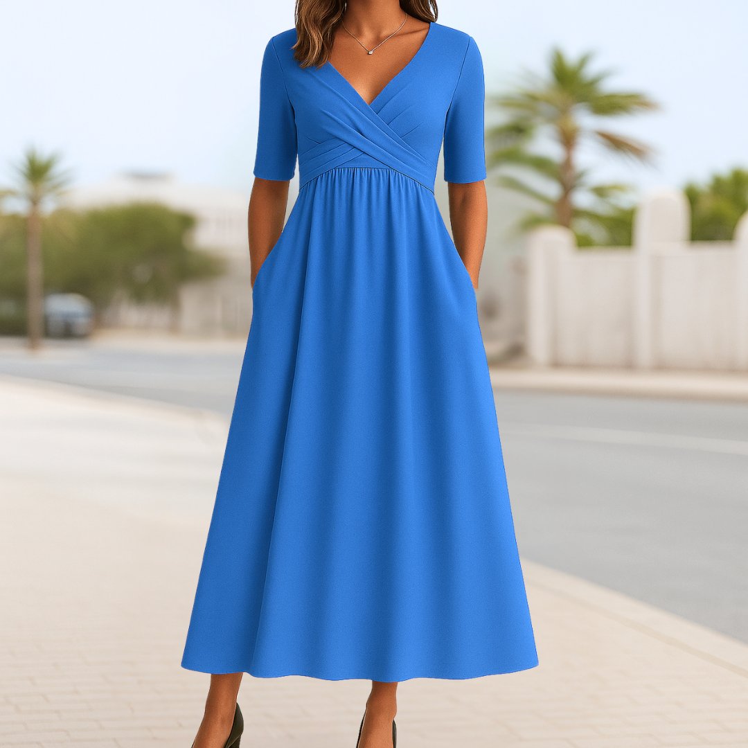 Full view of a women's elegant A-line V-neck short-sleeve midi dress, showcasing its flattering wrap fit.