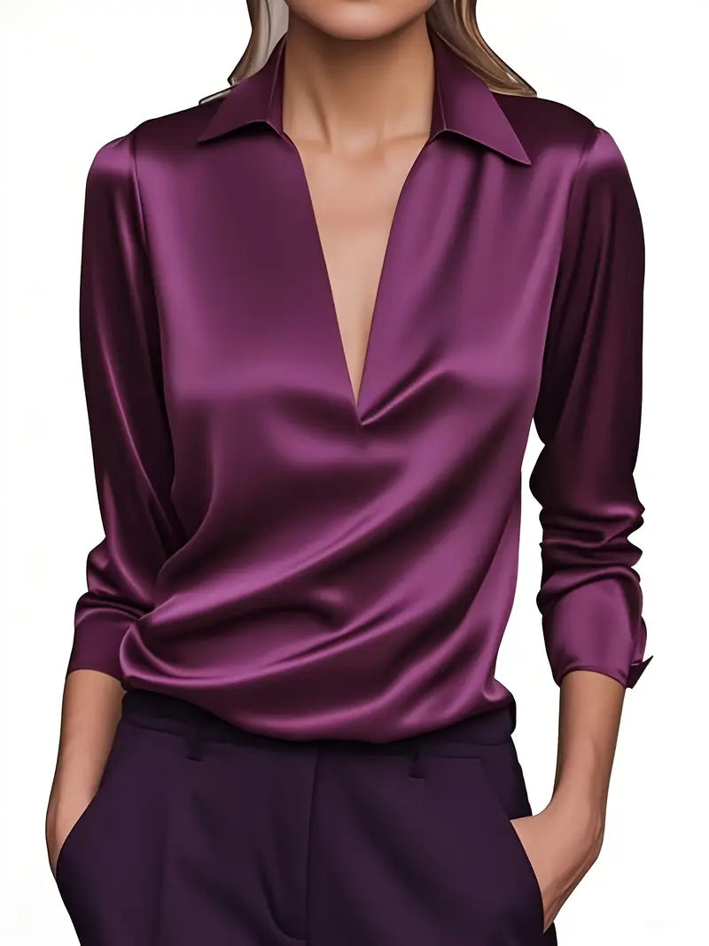 Sophisticated women's V-neck draped collar blouse. An elegant long sleeve top for versatile formal or evening wear.