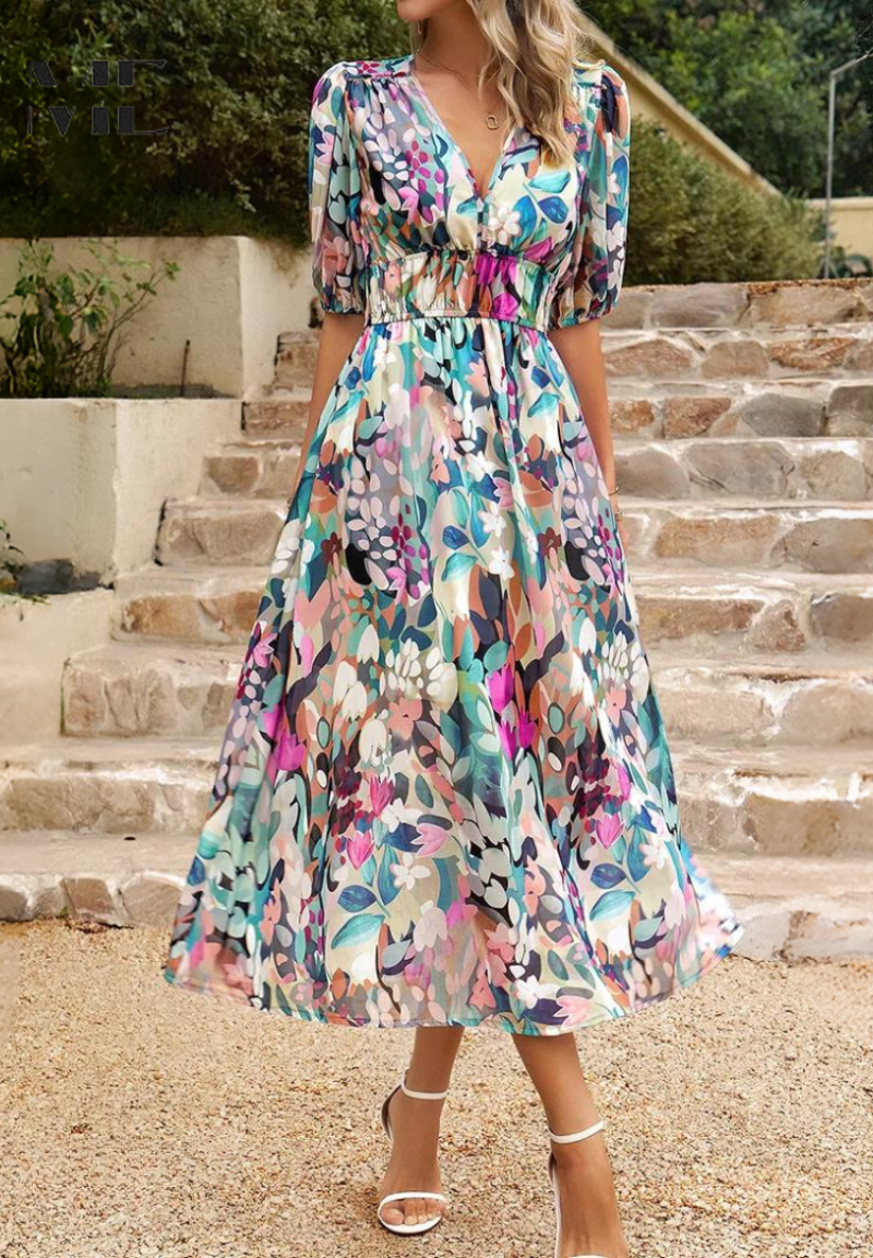 Full shot of a graceful women's floral midi dress with a flattering V-neck and flowy A-line silhouette.