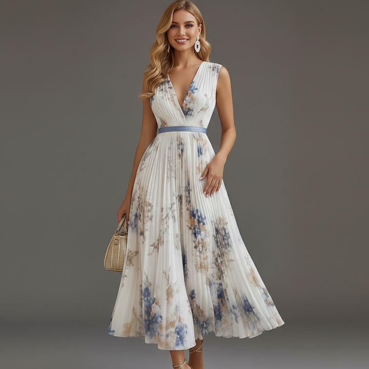 Elegant women's V-neck floral midi dress, perfect as a wedding guest or special occasion dress.