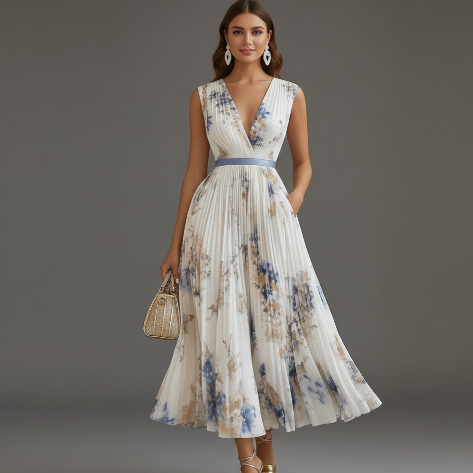Chic floral V-neck midi dress for women, ideal formal attire for a wedding ceremony or summer event.
