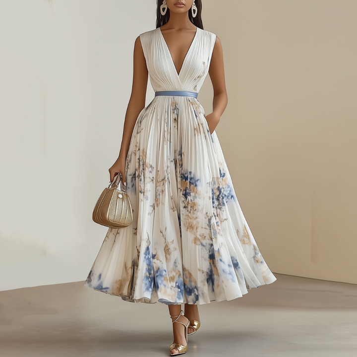 Stylish pleated floral V-neck midi dress for women, an elegant choice for wedding guests and parties.