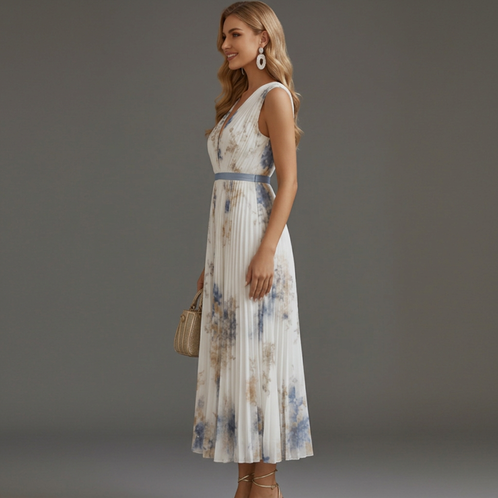 Beautiful women's floral print V-neck midi dress, a stunning and comfortable summer wedding guest outfit.