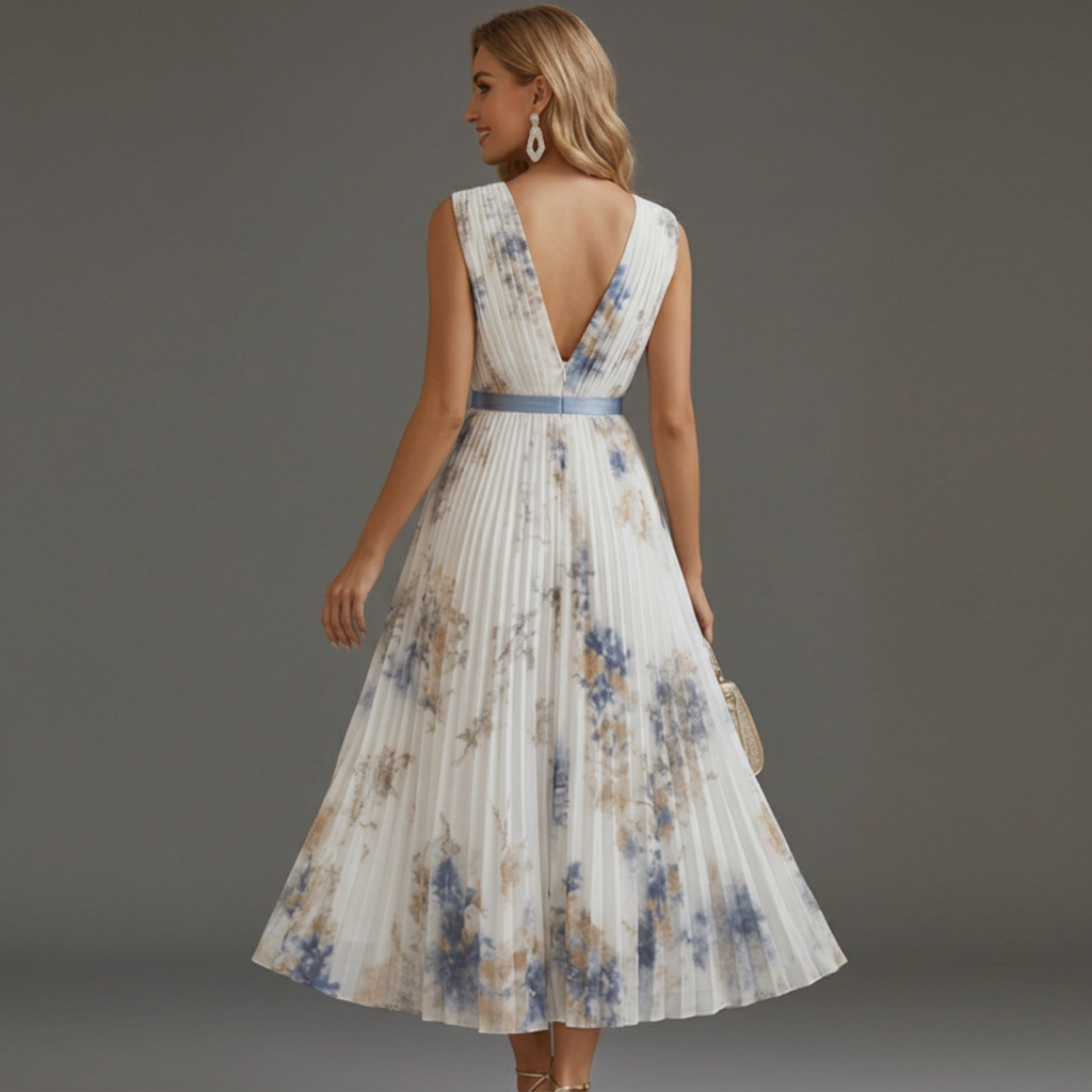 Formal women's V-neck midi dress with a lovely floral pattern, suitable for special occasion wear.