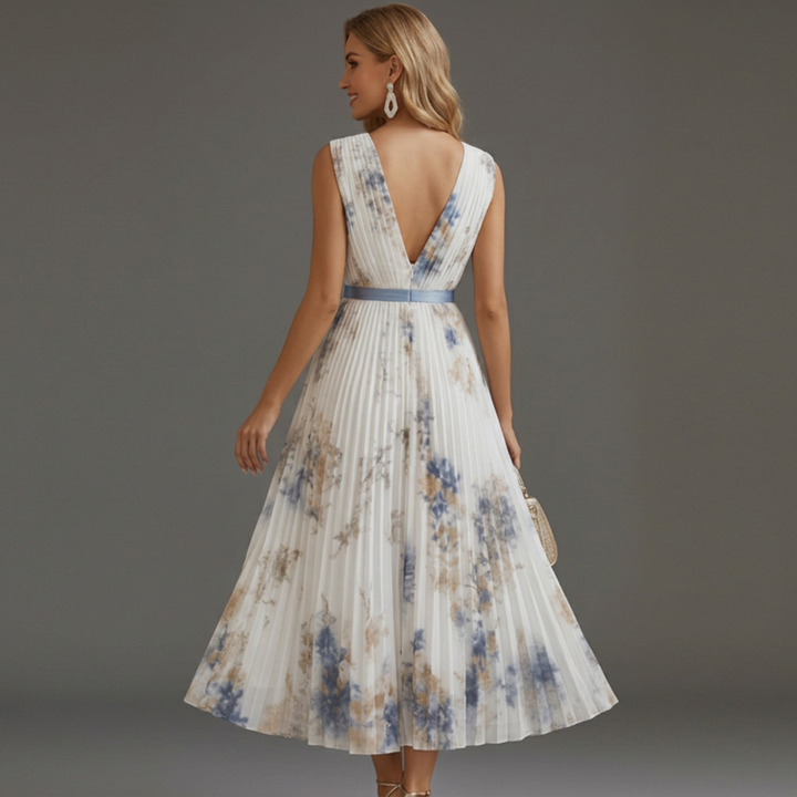 Formal women's V-neck midi dress with a lovely floral pattern, suitable for special occasion wear.