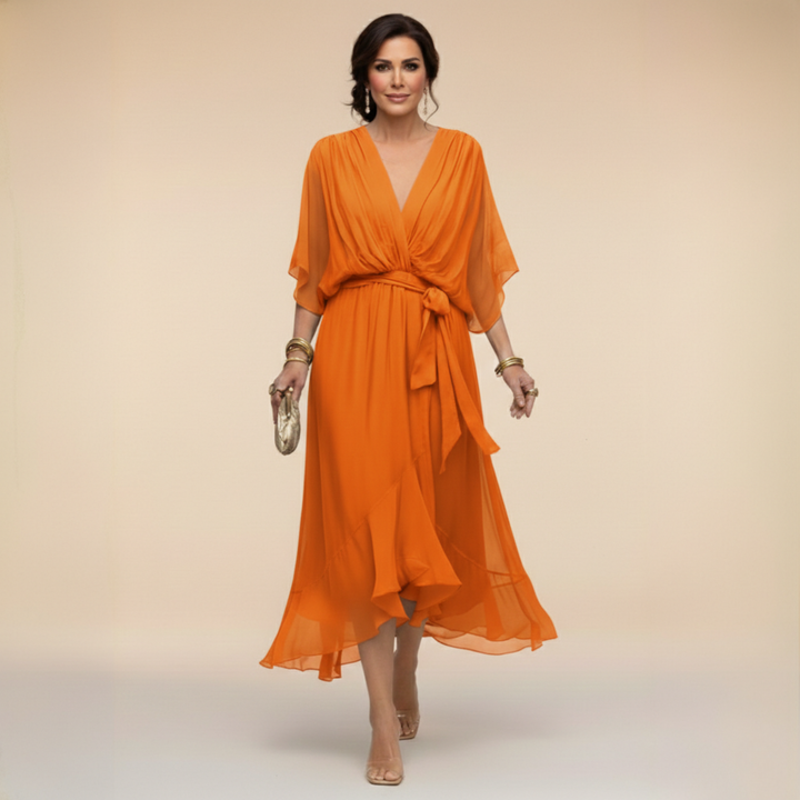 Sophisticated women's V-neck flowy sleeve maxi dress. Ideal for elegant evening, cocktail, and formal party wear.