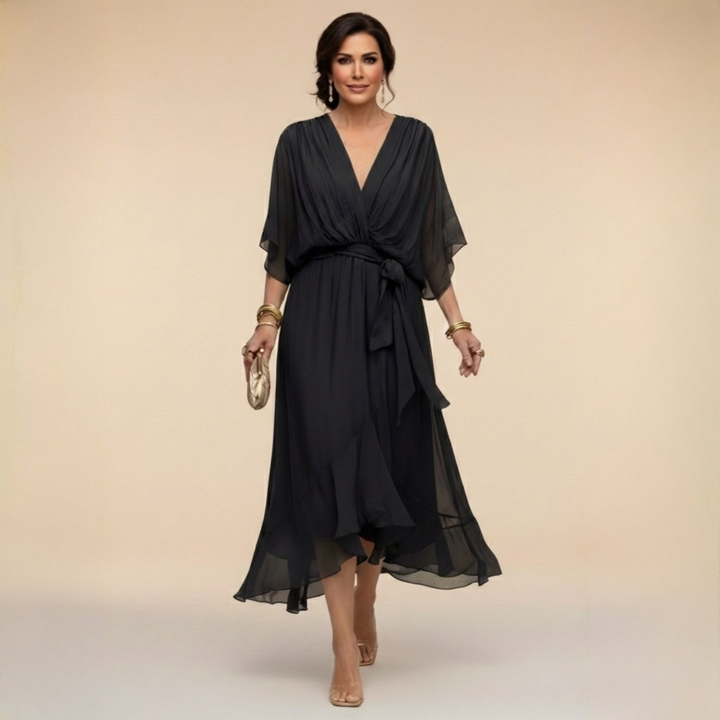 Stylish women's V-neck maxi dress with flowy sleeves. Ideal for elegant evening events, parties & formal occasions.