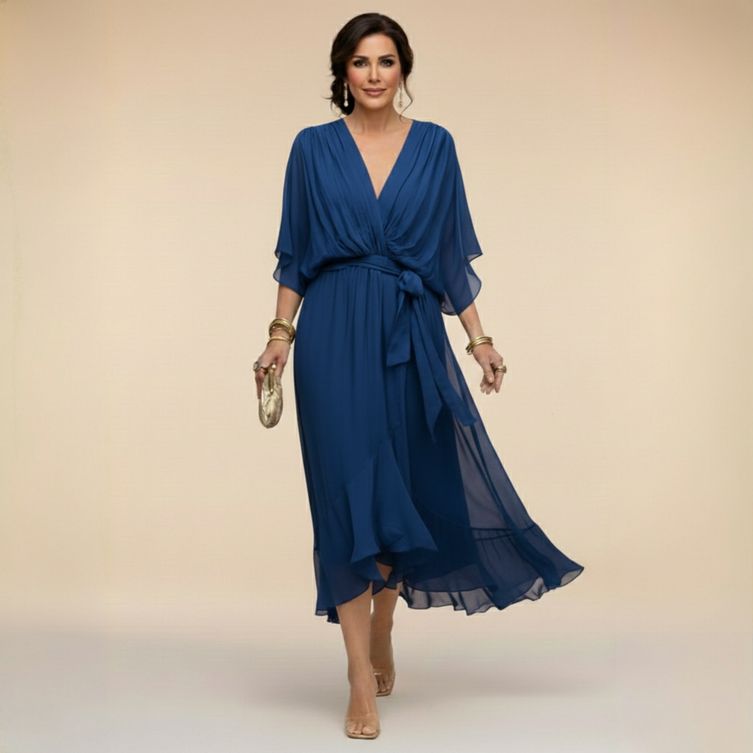 Flowy sleeve V-neck maxi dress for women, an elegant choice for evening wear, cocktail parties & special occasions.