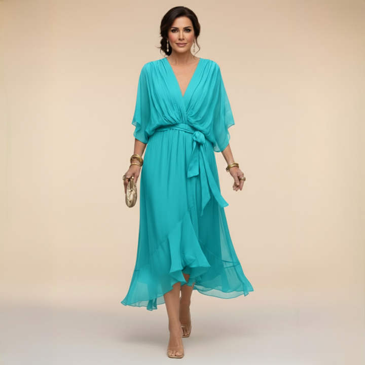 Chic women's V-neck flowy sleeve maxi dress. Versatile for elegant evening, cocktail, and formal party occasions.