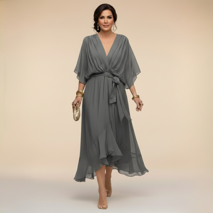 Formal women's V-neck maxi dress with elegant flowy sleeves. Ideal for evening events & stylish party wear.