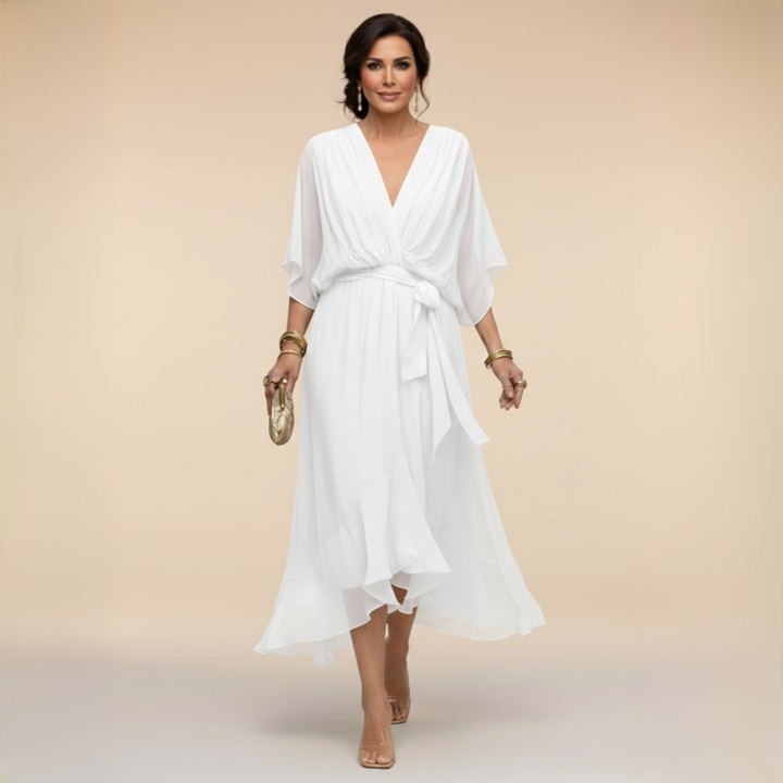 Graceful women's V-neck flowy sleeve maxi dress, perfect as elegant evening wear or a sophisticated cocktail dress.