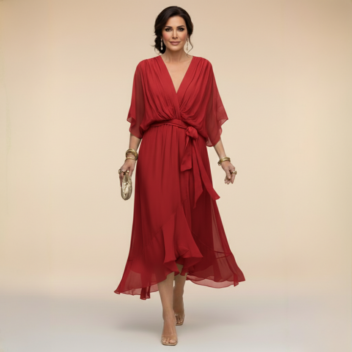 Elegant women's V-neck maxi dress. Flowy sleeves enhance this stylish evening wear, perfect for any occasion.