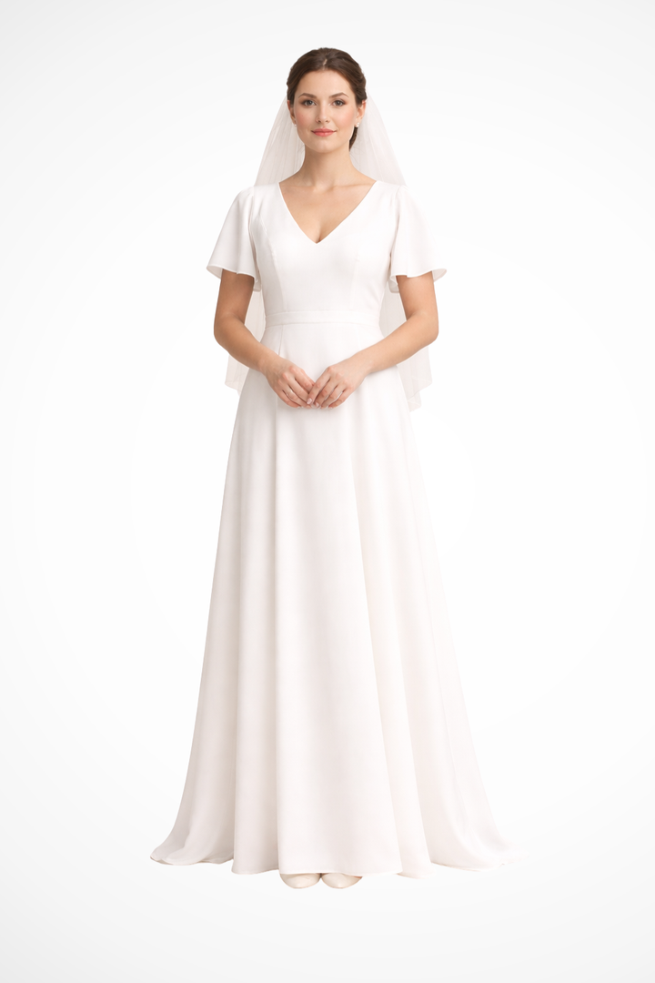 Elegant women's V-neck flutter sleeve A-line maxi dress for wedding guests or formal special occasions.