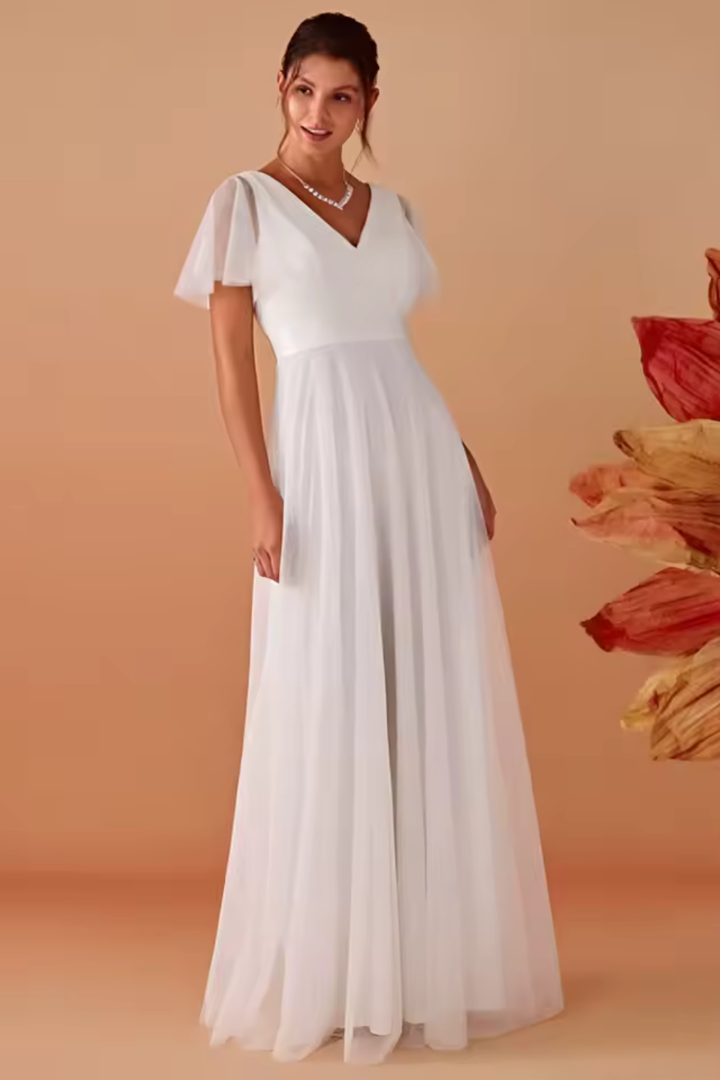 Women's formal maxi dress featuring a stylish V-neck and pretty flutter sleeves, perfect for parties.