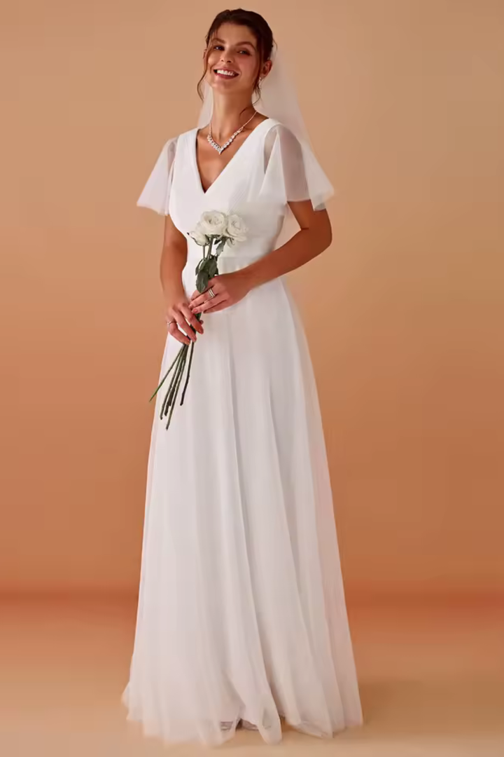 Sophisticated V-neck A-line long dress with flutter sleeves, an elegant choice for special occasions.