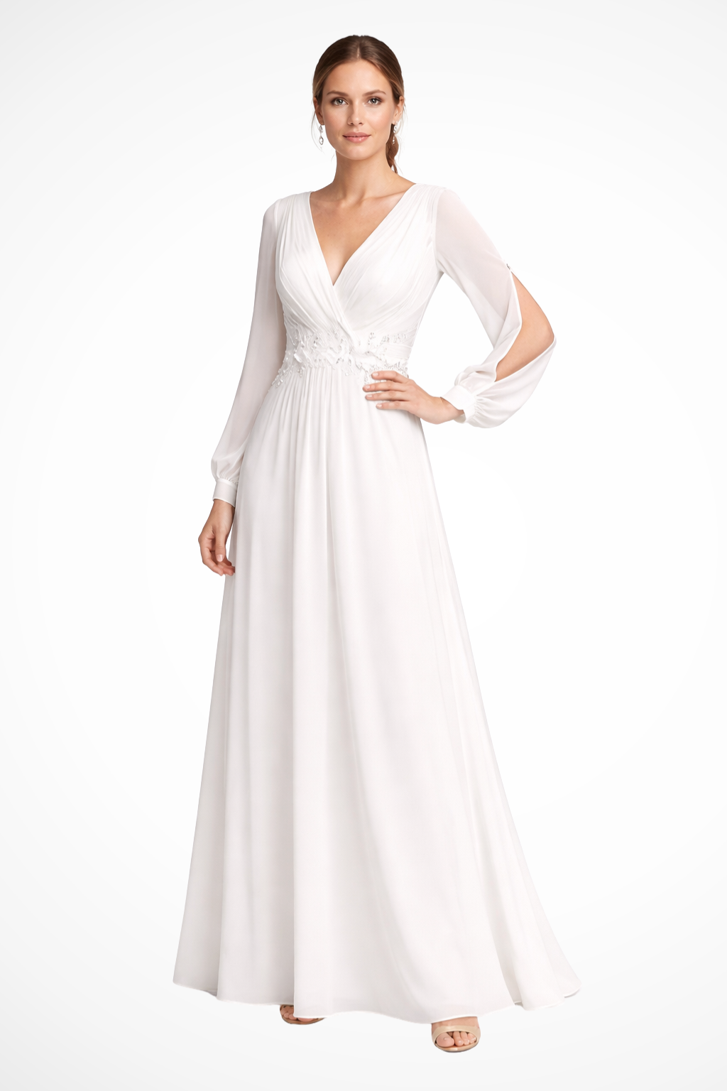 Graceful flutter sleeve V-neck maxi dress, an elegant A-line option for weddings and parties.
