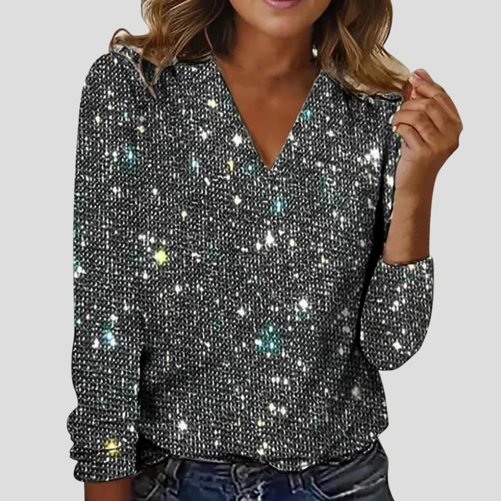 Elegant women's V-neck glitter blouse with long sleeves, perfect for party wear & festive outfits. Plus sizes.