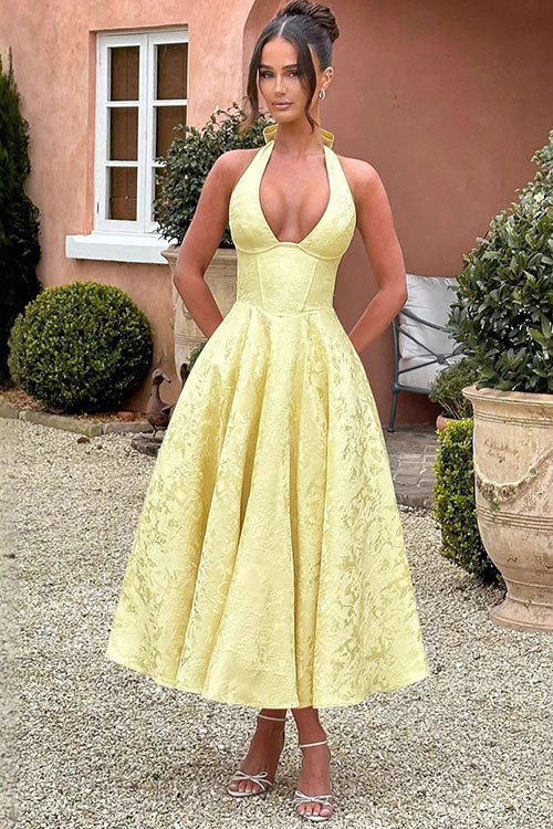 Halter neck maxi dress with V-neckline & rich jacquard texture, women's fashion.