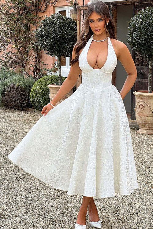 Elegant women's jacquard maxi dress, open back halter & V-neck for occasions.