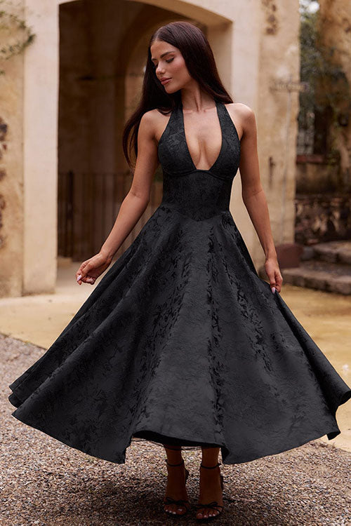 Flowing flared skirt V-neck halter maxi dress, stunning jacquard for women.