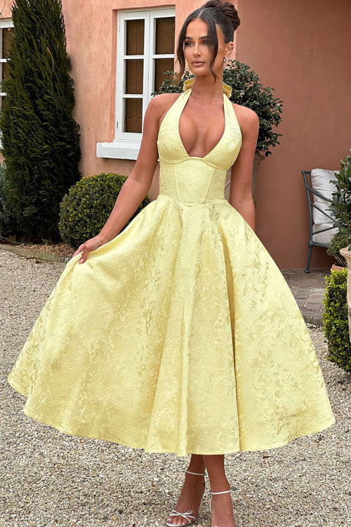 Stunning women's jacquard maxi dress, V-neck halter design, perfect for parties.