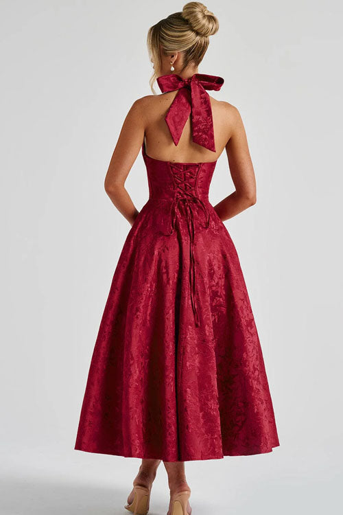 Summer evening gown: Women's V-neck halter jacquard maxi dress, comfortable.