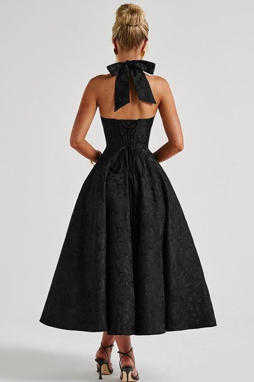 Occasion wear: Women's V-neck halter maxi dress, stunning jacquard pattern.