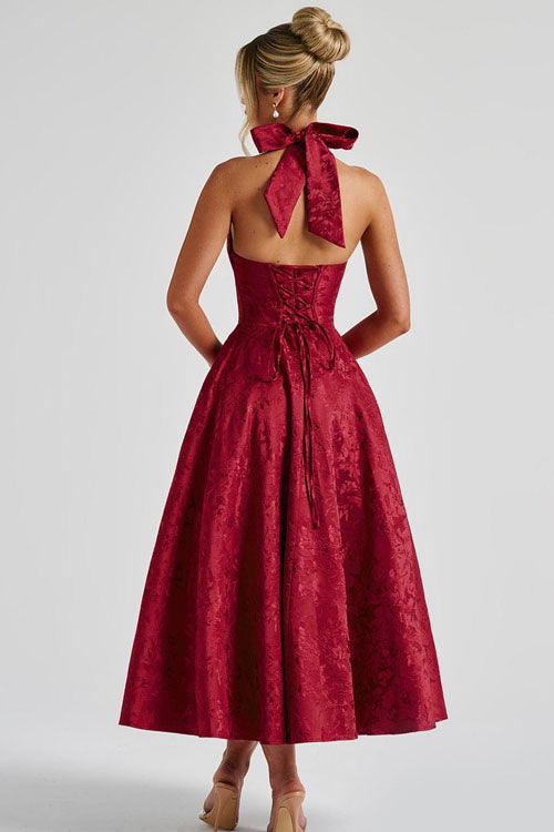 Women's fashion statement: Jacquard V-neck halter maxi dress, open back.