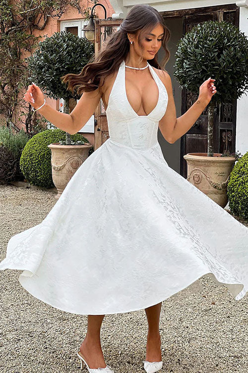Women's summer dress: V-neck halter, elegant jacquard maxi, breathable fabric.