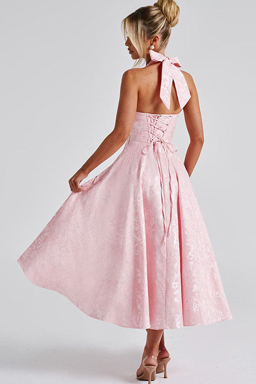 Elegant women's evening wear: V-neck halter jacquard maxi dress with flared skirt.