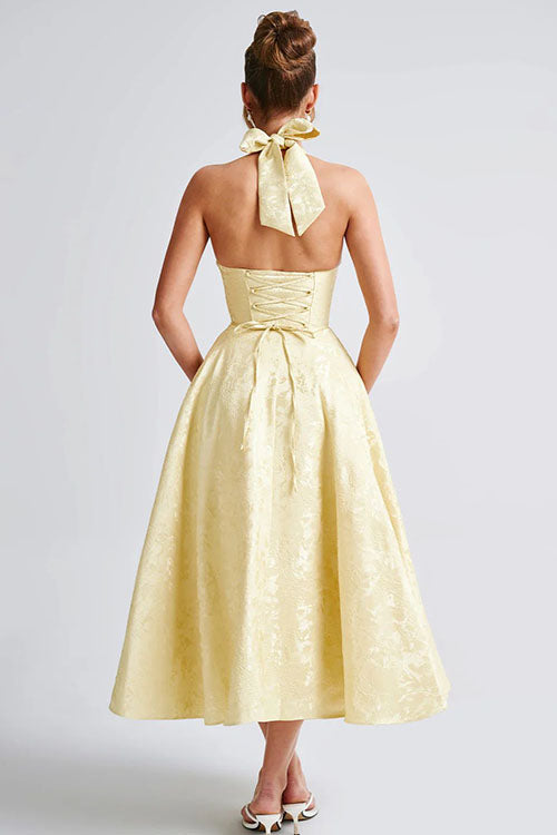 Women's party gown: Halter V-neck maxi dress with luxurious jacquard pattern.
