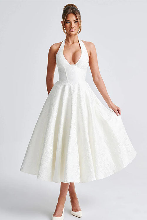 Open back women's V-neck halter maxi dress, elegant jacquard design.