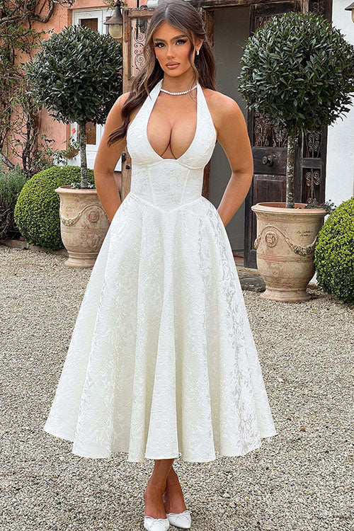Stunning women's jacquard maxi dress, V-neck halter & flared skirt for evenings.