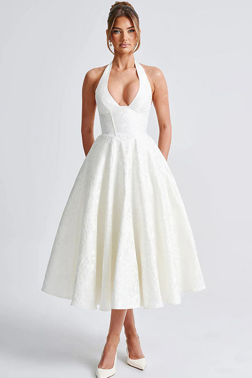Halter neck V-neck maxi dress, women's fashion, intricate jacquard detailing.