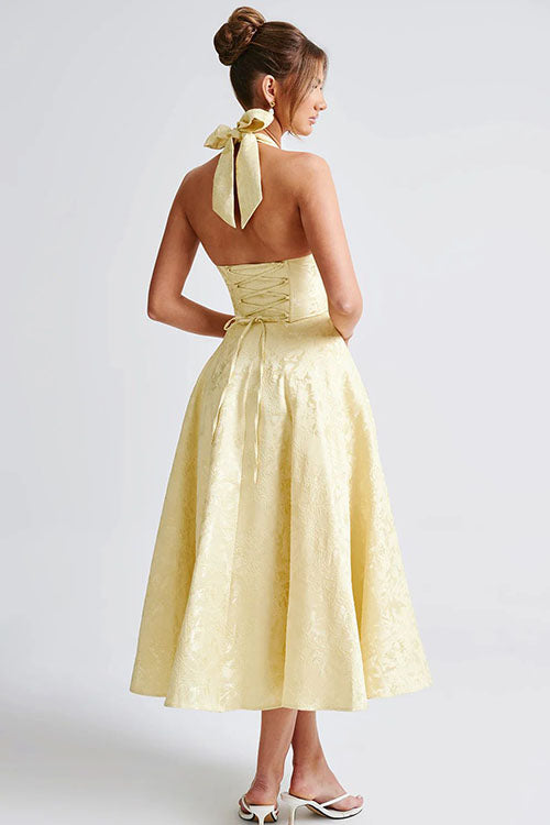 Full view of women's jacquard V-neck halter maxi dress, perfect for occasions.