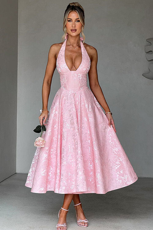 Flared skirt jacquard maxi dress, V-neck halter style, ideal for special occasions.