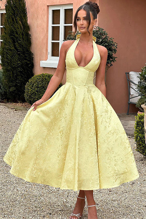 Summer occasion wear: Women's V-neck halter jacquard maxi dress, vibrant.