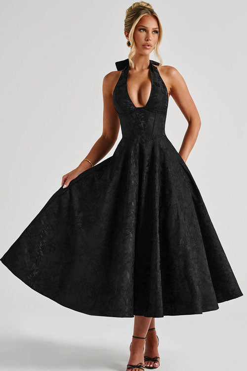 Women's fashion: Jacquard V-neck halter maxi dress with elegant flow and style.