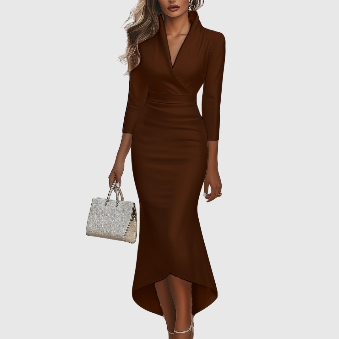 Elegant women's V-neck high-low evening dress. Perfect for formal events & parties.