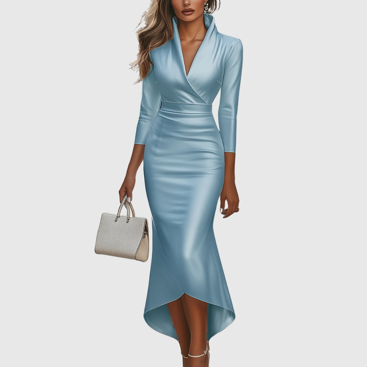Chic women's high-low evening dress with a flattering V-neck, great for formal parties.