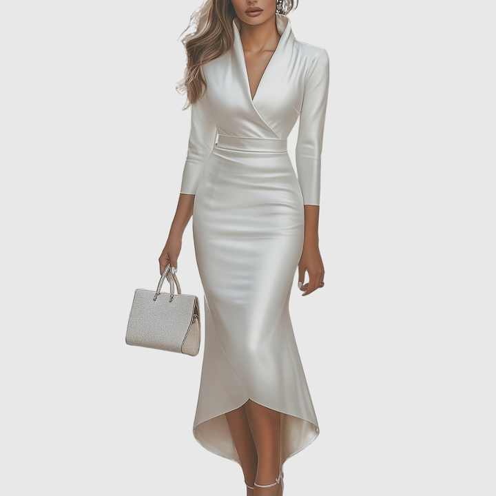 Beautiful women's elegant V-neck formal gown, showcasing a high-low hemline.