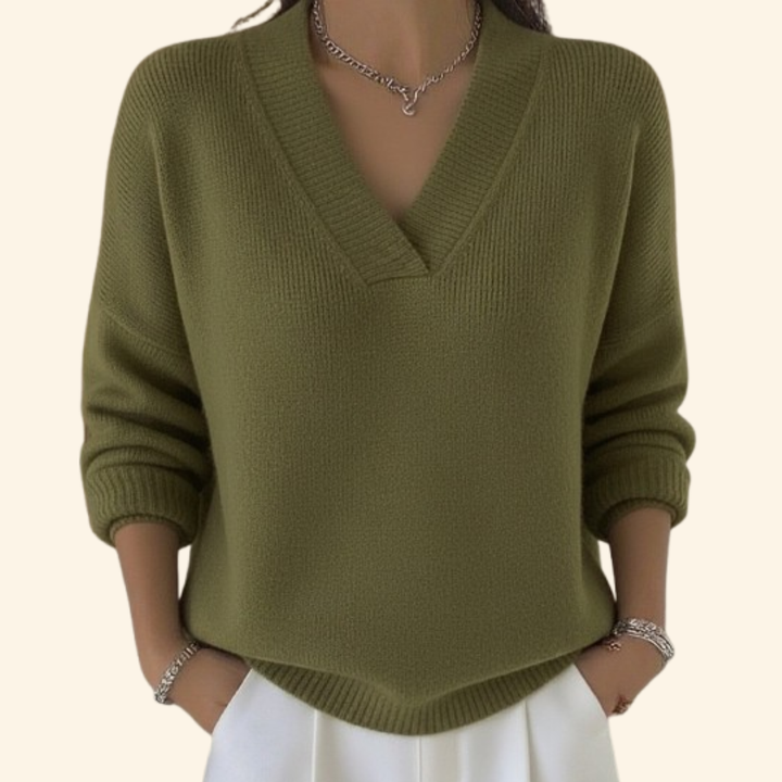 Cozy women's V-neck long sleeve sweater, ideal for fall & winter. Elegant pullover for effortless casual style.
