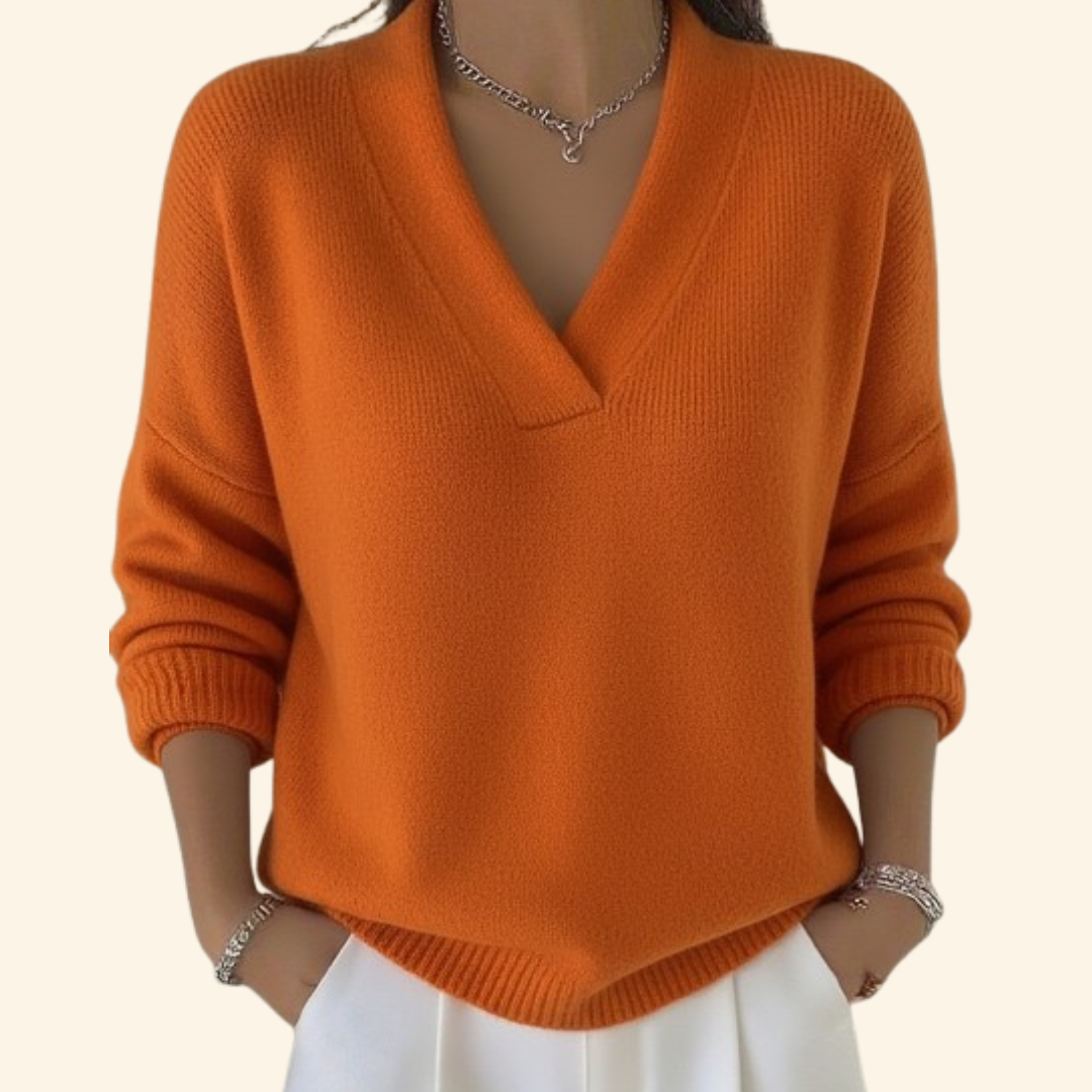 Soft women's V-neck sweater, a cozy long sleeve pullover for everyday comfort & elegant fall/winter style.