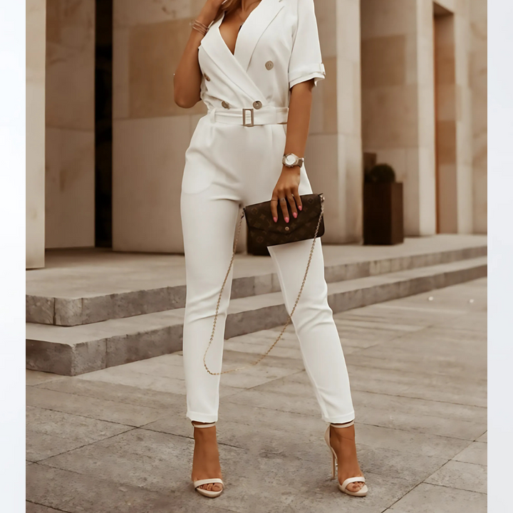 Tailored women's belted jumpsuit, an elegant V-neck design with half sleeves for versatile formal wear.