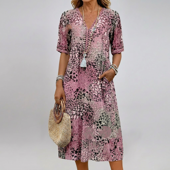 Stylish women's V-neck short sleeve lace dress, an elegant choice for parties or daily wear.