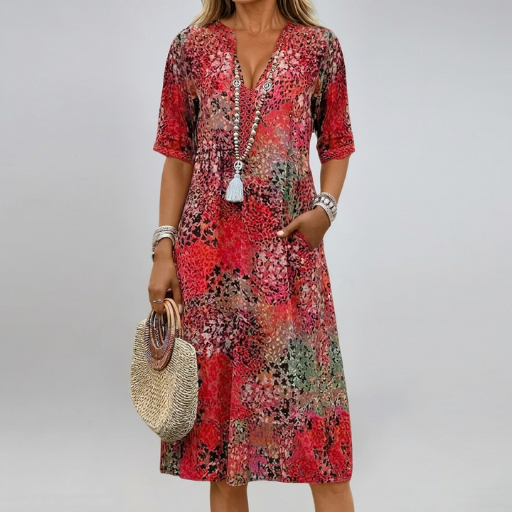 Delicate lace V-neck dress for women, featuring short sleeves, suitable for summer and special occasions.