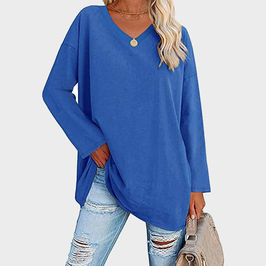 Women's elegant V-neck long sleeve top. Versatile, comfortable, classic fashion.
