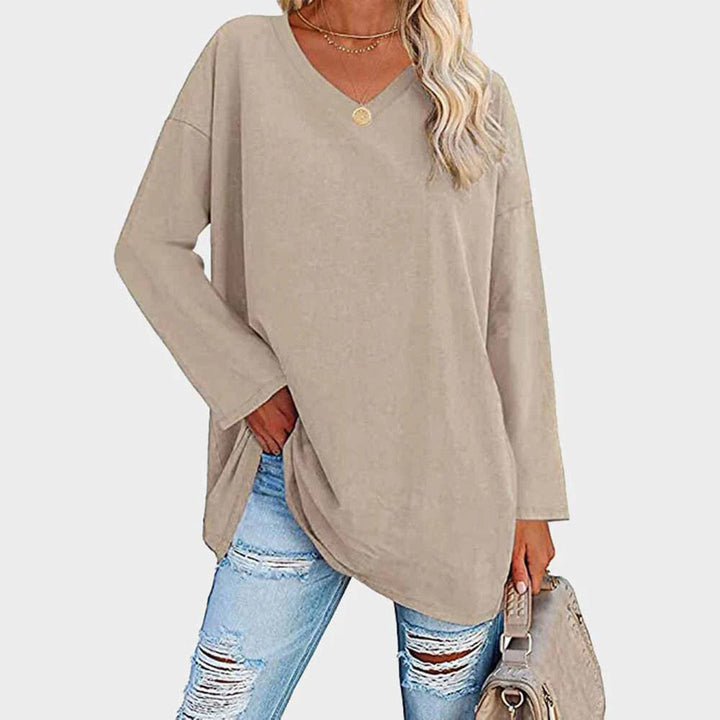 Sophisticated women's V-neck long sleeve top, blending comfort with elegant casual and formal style.