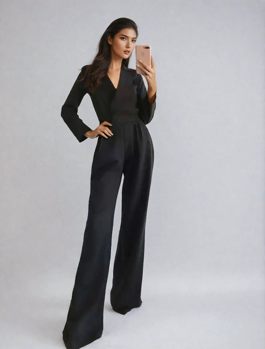 Elegant women's V-neck long sleeve wide-leg jumpsuit, perfect for evening wear or formal events.