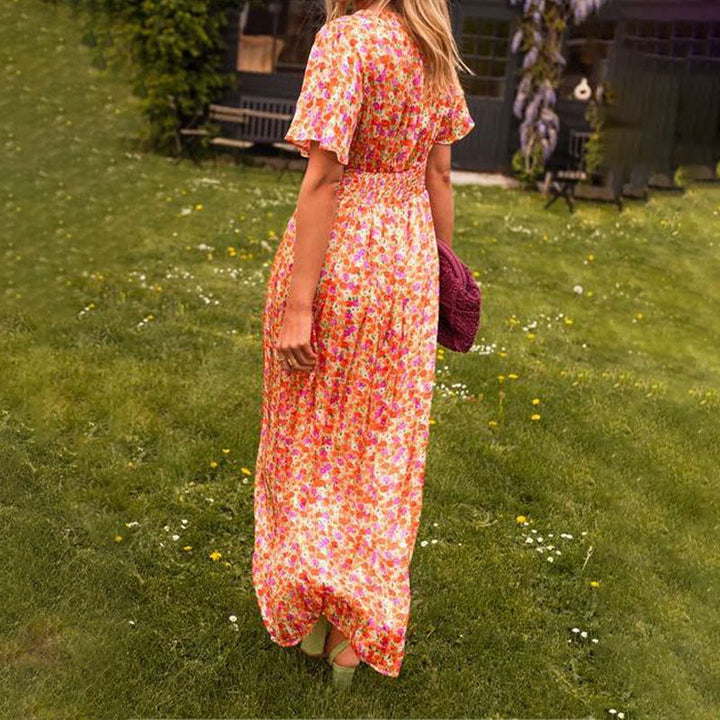 Flowy V-neck maxi dress for women, ideal for summer, beach, or casual outings.